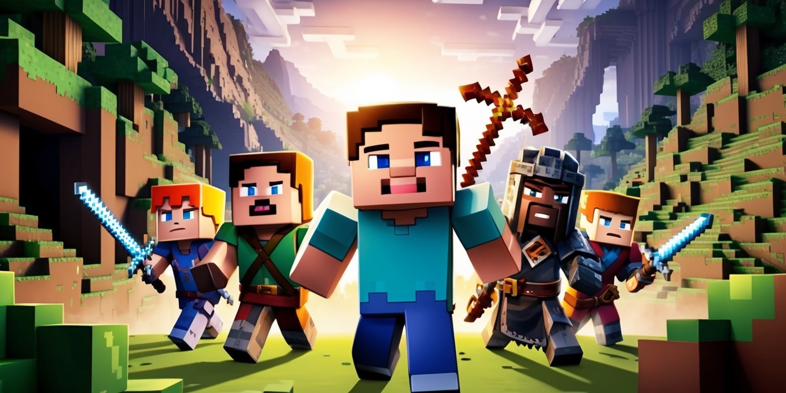 A sweeping, cinematic scene featuring a live-action adaptation of the popular Minecraft video game, set against a blocky, 3D-generated landscape of vibrant greens, browns, and tans, with towering trees, sprawling caves, and majestic mountains in the background. In the foreground, a diverse group of adventurers, including a brave young hero with messy brown hair and bright blue eyes, a skilled warrior with dark skin and a strong jawline, and a brilliant inventor with wild red hair and thick, black-rimmed glasses, stand ready for battle, clad in rugged, medieval-inspired armor and wielding an array of fantastical weapons, from glowing swords to enchanted bows. The atmosphere is epic and heroic, with a sense of excitement and wonder, captured in a dynamic, action-packed composition with dramatic lighting and bold, cinematic colors.