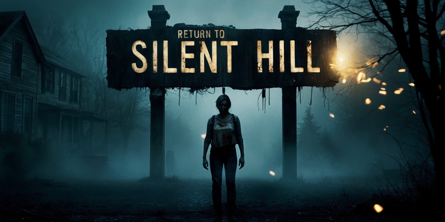 A hauntingly atmospheric poster for the fictional film Return to Silent Hill, set against a dark, misty, and eerie backdrop, evoking a sense of foreboding and unease. In the foreground, a lone figure, likely the protagonist, stands in the center, shrouded in shadows, with only their worn, distressed clothing and faint, anguished facial features visible. The town's iconic, rusted, and twisted sign looms in the background, partially obscured by the veil of fog, with the words Silent Hill etched in bold, worn, and weathered lettering. The color palette is a muted blend of dark blues, grays, and blacks, with flickers of warm, golden light peeking through the mist, hinting at the film's themes of horror, mystery, and redemption. The overall aesthetic is moody, unsettling, and captivating, inviting the viewer to step into the eerie world of Silent Hill.