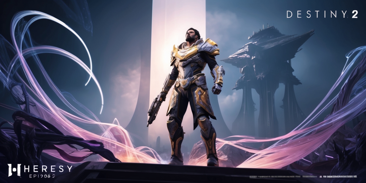 A dramatic, futuristic digital art piece depicting a pivotal scene from the Heresy episode of Destiny 2, set against a dark, ominous background with shades of deep blues and purples, evoking a sense of urgency and foreboding. In the foreground, a heroic Guardian, clad in ornate, high-tech armor with glowing accents of gold and silver, stands defiantly, gazing upward with a determined expression, their eyes gleaming with a fierce inner light. The armor is adorned with intricate, ancient-looking symbols and markings, with a hint of mysticism. Surrounding the Guardian, ethereal tendrils of energy swirl and writhe, imbuing the atmosphere with an otherworldly power. In the distance, the looming, imposing silhouette of a towering structure or enemy ship looms, casting a long, ominous shadow across the scene. The overall style is a blend of sci-fi and fantasy elements, with bold, vibrant colors and sweeping lines, reminiscent of concept art from the Destiny 2 universe.