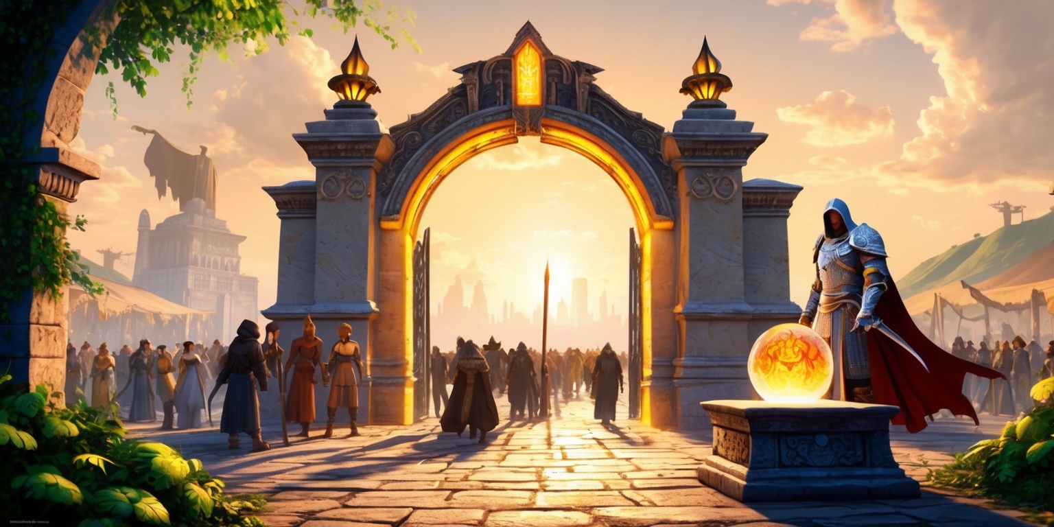 A majestic, illuminated gate of the Imperial City, from The Elder Scrolls IV: Oblivion, set against a warm, golden sunset sky with fluffy white clouds, overlooking a bustling marketplace filled with people of various skin tones and clothing, including a hooded figure in the distance, while a guard stands proudly with a sword at his side, adorned in shimmering silver armor, next to a stone pedestal holding a glowing, ornate crystal orb, surrounded by vibrant green foliage and intricate stone carvings, with a sense of mystique and wonder, as if the gates are about to open, revealing the secrets of the ancient world, in a highly detailed, realistic fantasy art style, with subtle texture and dramatic lighting.