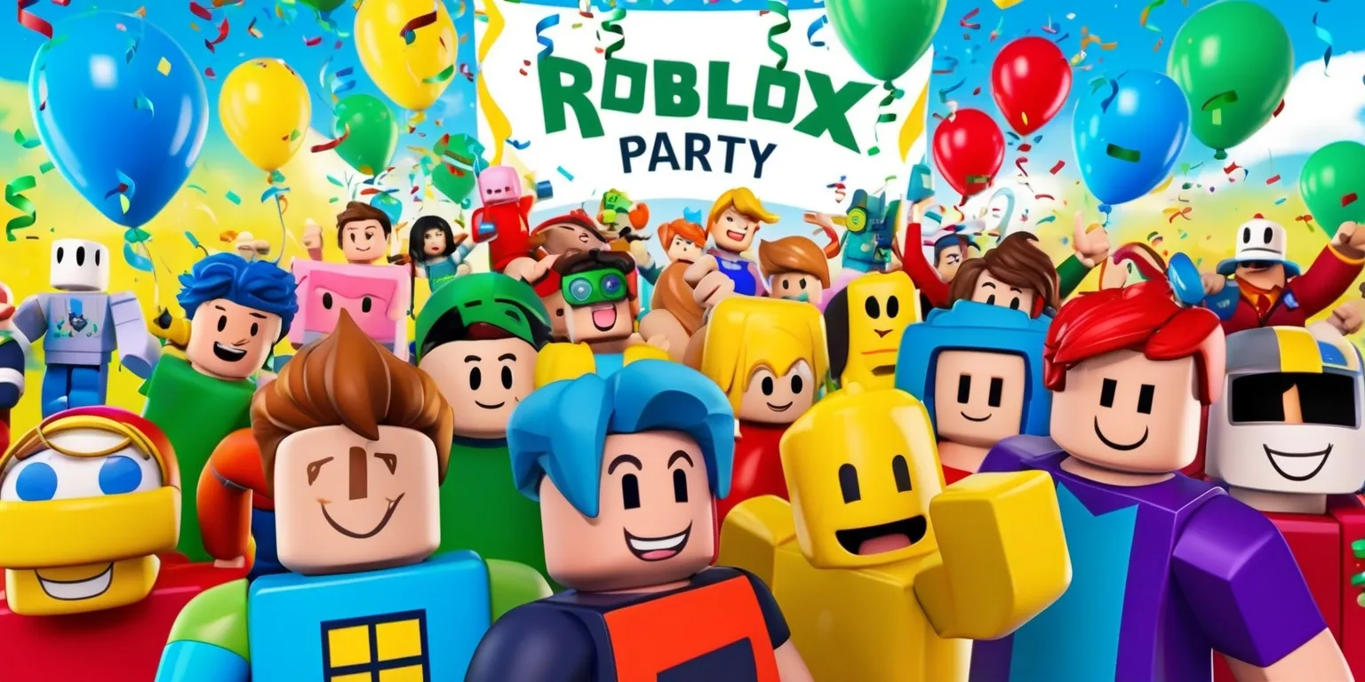 A vibrant and lively digital illustration of a Roblox party scene, featuring a diverse group of Roblox characters with varying facial expressions, skin colors, and unique attributes, all gathered together in a colorful and dynamic environment, with balloons, confetti, and streamers in shades of blue, green, yellow, and red, set against a bright and sunny backdrop with a few Roblox logos and icons subtly integrated into the design, including a prominent banner with bold, white, and sans-serif text reading Roblox Party, with the characters interacting and having fun, showcasing the excitement and joy of the party feature, with a mix of 2D and 3D elements and a generally playful and celebratory atmosphere.