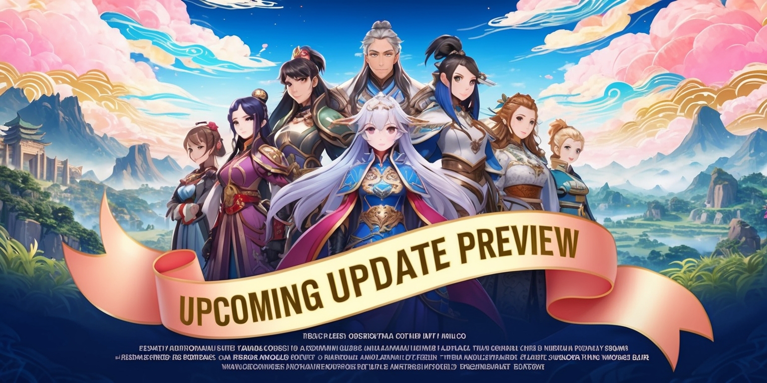 A beautifully illustrated digital poster depicting a fantasy world inspired by Genshin Impact, featuring a sprawling landscape with majestic mountains, lush forests, and ancient ruins in the background, set against a vibrant sky with swirling clouds of pastel pink, blue, and gold hues. In the foreground, a group of intricately designed characters stand together, showcasing their unique costumes and hairstyles, with subtle hints of glowing elemental abilities emanating from their bodies. The characters' facial features are finely detailed, with varying skin tones and expressions, conveying a sense of excitement and anticipation. A stylized, curved ribbon wraps around the characters, bearing the text Upcoming Update Preview in bold, golden font, with smaller text underneath detailing the introduction of new characters, gameplay updates, and livestream schedules. The overall aesthetic is a mix of traditional Chinese and fantasy elements, blending soft, watercolor-inspired textures with vibrant, dynamic colors.