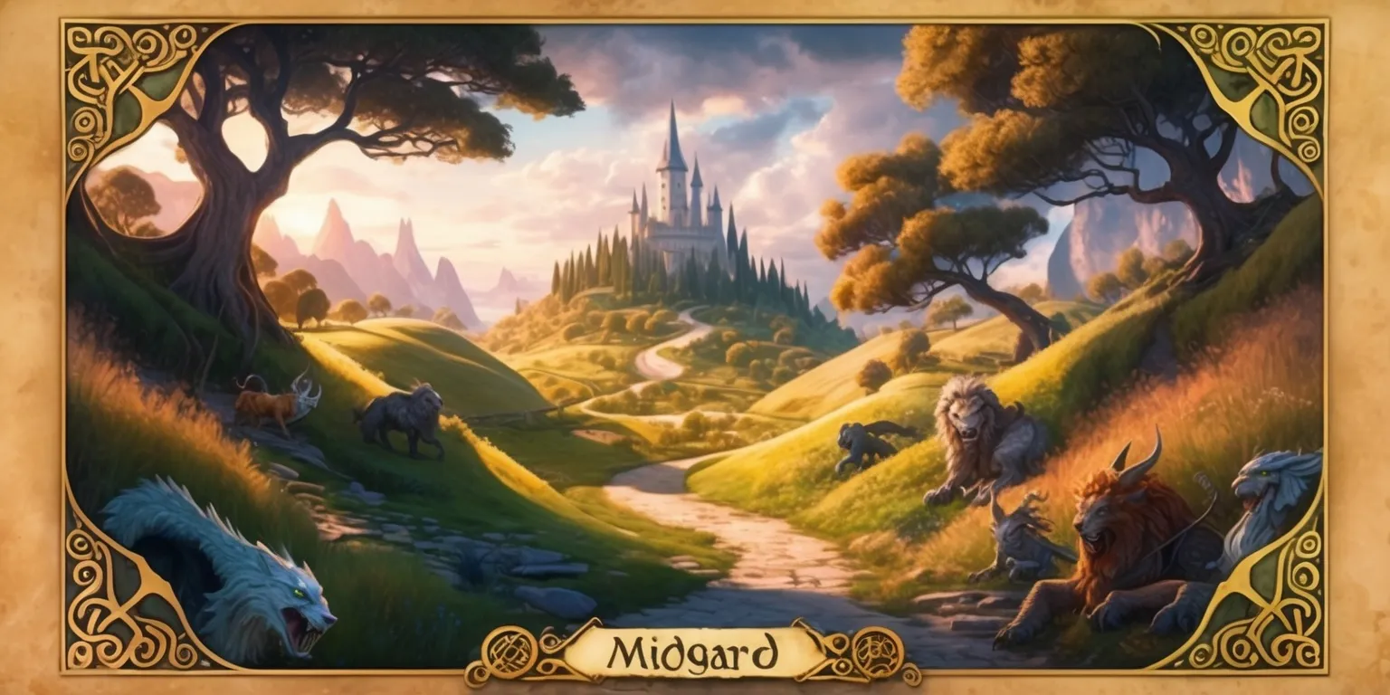 A vibrant fantasy scene depicting the realm of Midgard, with intricate details and majestic landscapes, set against a warm and inviting color palette, featuring rolling hills, towering trees, and a mystical aura, with a winding path leading to a distant castle, surrounded by mythical creatures and legendary beasts, in a style reminiscent of Norse mythology, with earthy tones and golden accents, and a sense of adventure and discovery, as if plucked straight from the pages of a medieval manuscript, with a mix of realism and stylization, inviting the viewer to explore the wonders of this enchanted world.