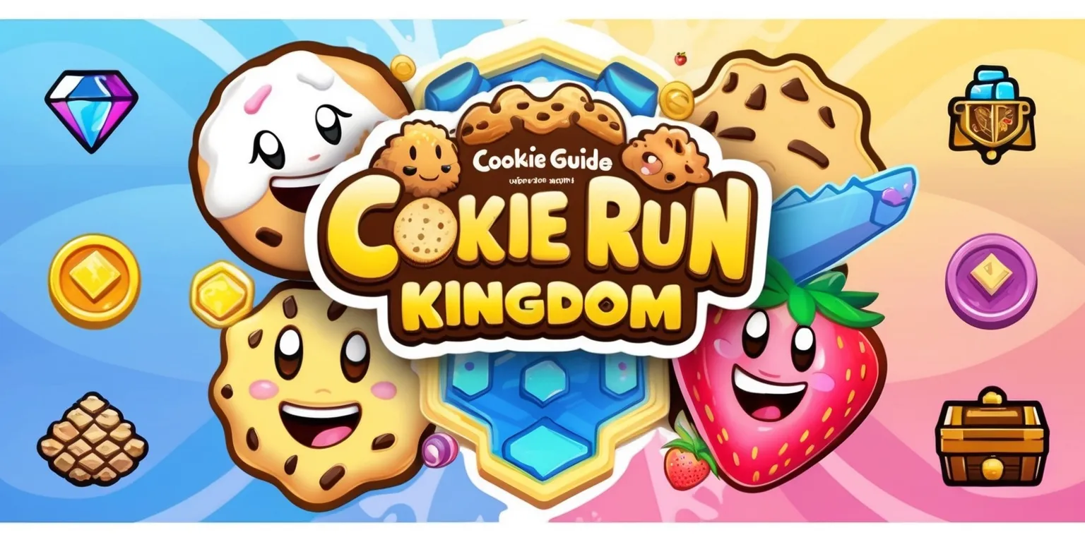 A colorful digital illustration of a Cookie Run: Kingdom game guide, featuring a vibrant and playful background with pastel hues of blue, yellow, and pink, incorporating various beloved characters from the game, including Pure Vanilla Cookie and Strawberry Cookie, with detailed facial features and expressive emotions, surrounded by icons and symbols representative of the game's themes and power-ups, such as gems, coins, and treasure chests, with a clean and modern layout and bold typography, using a mix of sans-serif and serif fonts to highlight important information and guide the viewer's attention, with a subtle gradient effect to give the image depth and visual interest.