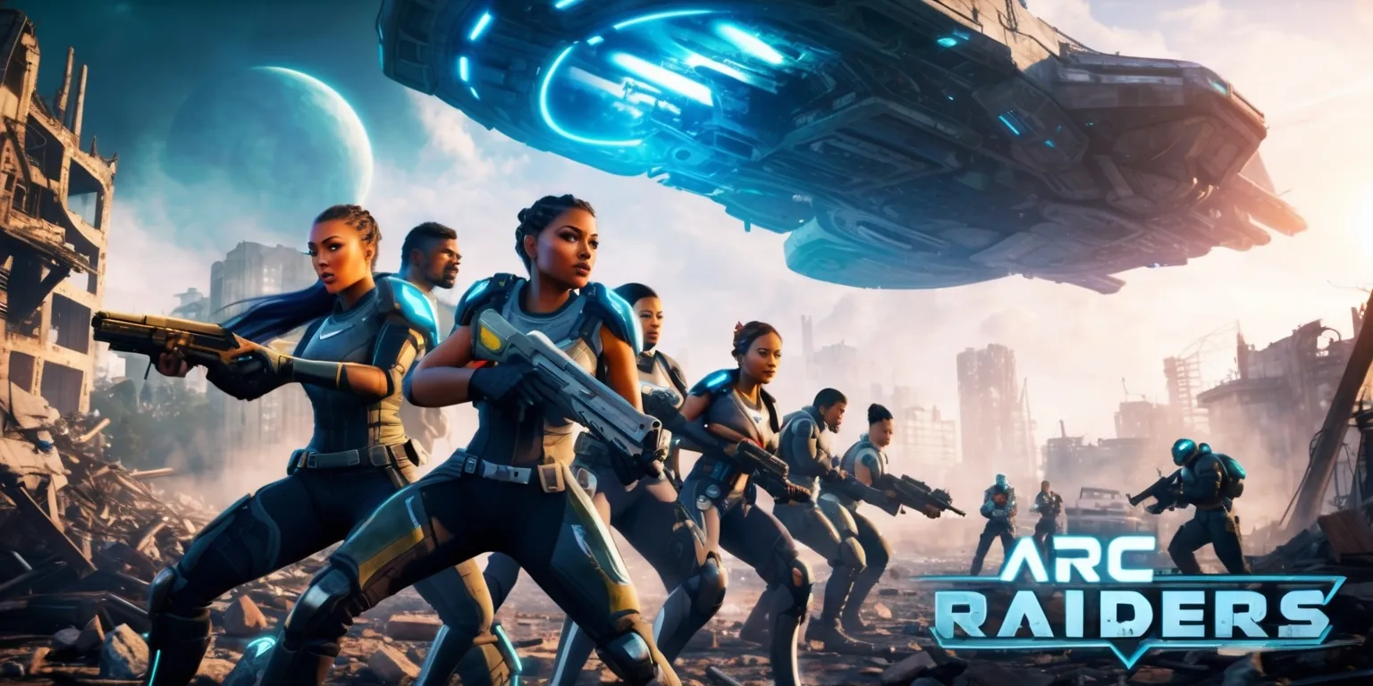 A futuristic sci-fi scene depicting the intense action of the Arc Raiders game, with vibrant colors and dynamic lighting, set against a backdrop of a dystopian landscape with ruined buildings and debris-filled streets, featuring a group of raiders with diverse facial features and skin colors, wearing sleek high-tech armor and wielding advanced weapons, with a massive alien ship looming in the sky, emitting a bright blue glow, and the game's logo prominently displayed in bold, metallic letters with a neon blue outline, in the foreground, with a mix of warm and cool tones, and a shallow depth of field, blurring the background to emphasize the raiders and their gear.