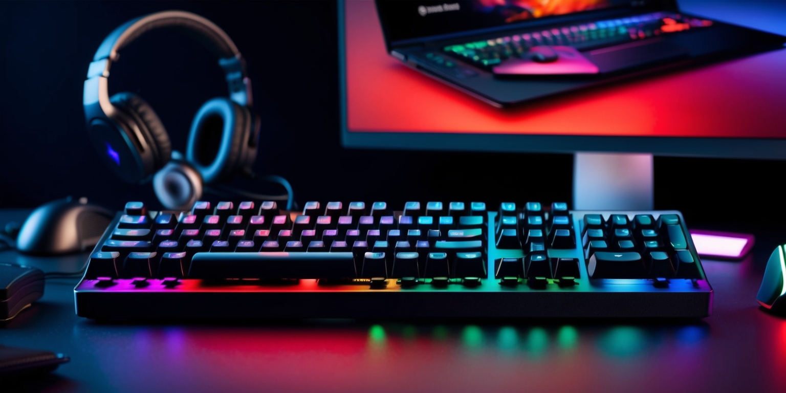A close-up shot of a gaming keyboard with a mix of vibrant RGB colors illuminating the keys, set against a dark or muted background to emphasize the keyboard's features, with a few gaming peripherals such as a mouse or headset placed around it, and a computer screen in the background displaying a gaming review website or a gaming scene, the keyboard's keys are backlit with a spectrum of colors, and the overall aesthetic is modern and sleek, with clean lines and a minimalist design, the image should convey a sense of high-performance gaming without breaking the bank, the colors are bold and bright, with shades of red, blue, and green, and the overall style is futuristic and edgy.