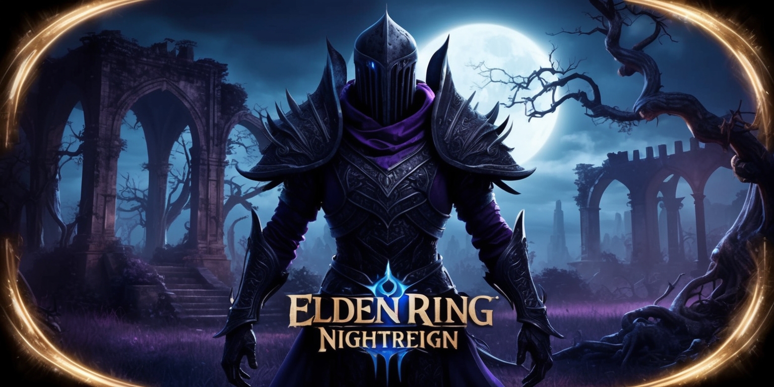 A dark, gothic fantasy scene from the Elden Ring Nightreign game, featuring a mysterious figure with intricate armor and a haunting atmosphere, set against a backdrop of a ruined, moonlit landscape with twisted trees and abandoned architecture, the color palette dominated by deep blues and purples, with accents of golden light and an overall sense of foreboding and mystical energy, the figure's facial features obscured by a helmet, with an imposing presence and an air of mystical power, surrounded by subtle, eerie glow effects and detailed textures, with a focus on showcasing the game's unique art style and immersive world.