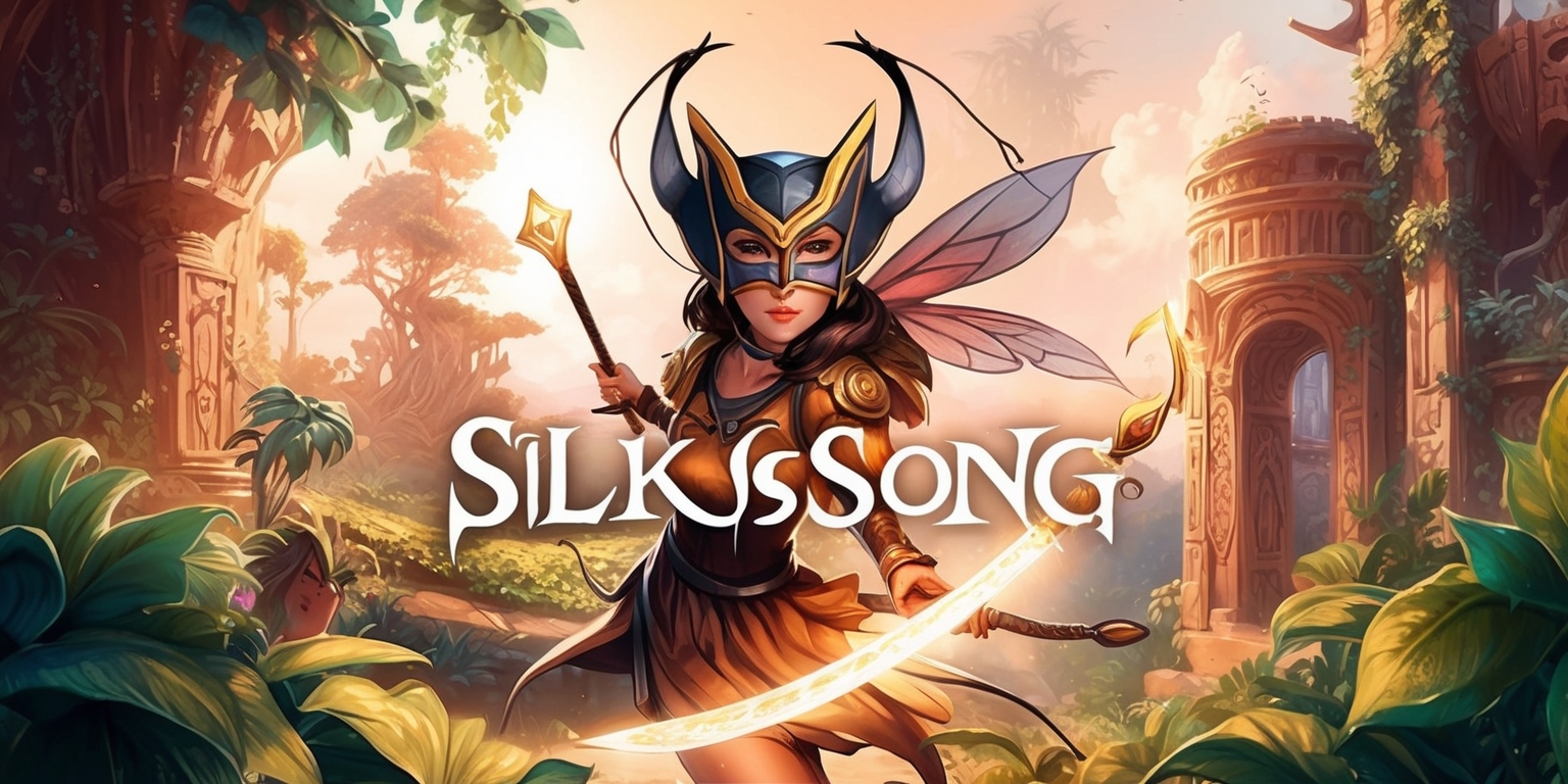 A vibrant and detailed illustration of the video game Silksong, featuring a stunning fantasy world with lush environments and intricate character designs, set in a warm and inviting color palette with earthy tones and soft lighting, showcasing the game's unique art style and captivating atmosphere, with the main character, Hornet, prominently displayed in the center, wearing her signature mask and carrying a delicate, glowing sword, surrounded by lush foliage and mysterious, ancient architecture, with the game's logo subtly integrated into the design, in a beautiful, hand-drawn style with subtle textures and expressive brushstrokes.