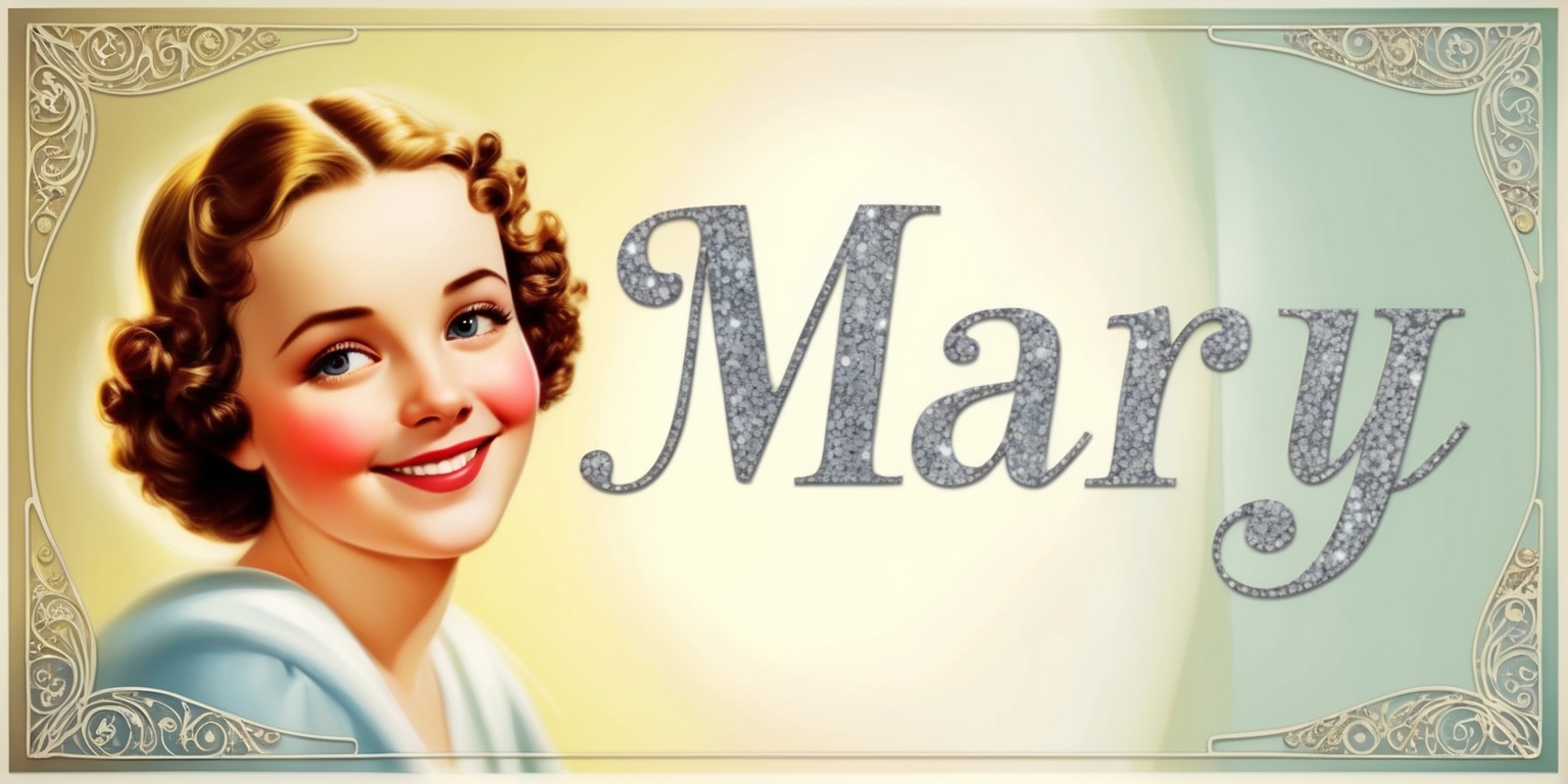 A vintage-style movie poster featuring a warm and inviting illustration of Mary, a bright-eyed and curly-haired young woman with porcelain skin and a kind smile, set against a soft, creamy background with subtle gradient tones of golden yellow and pale blue, evoking a sense of classic Hollywood charm, with bold, cursive font announcing the title Mary in shimmering silver letters, adorned with ornate filigree patterns and subtle Art Deco details, with a nostalgic and romantic feel to the overall design.