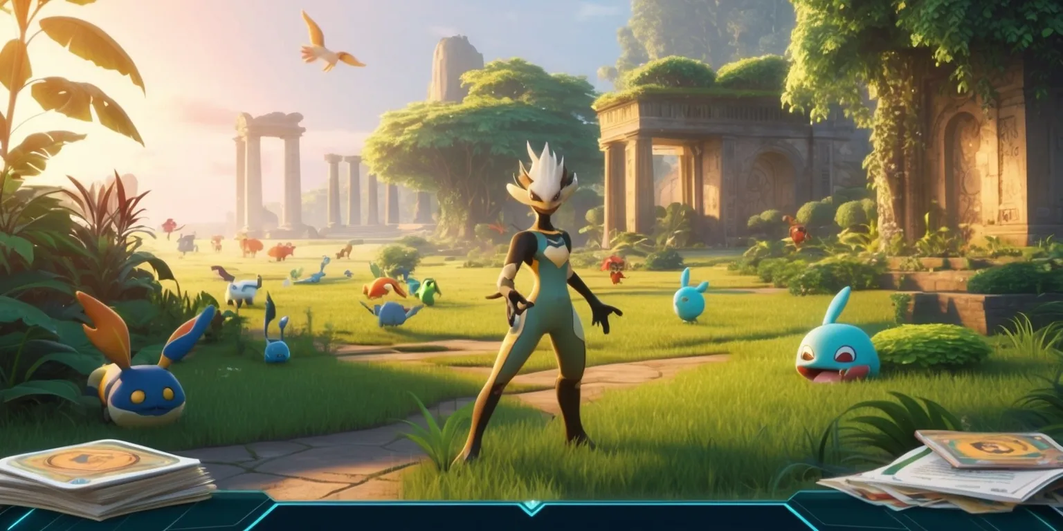 A serene, vibrant landscape of a futuristic, natural world with a shape-shifting protagonist in the forefront, surrounded by lush greenery and ancient ruins, with Pokémon roaming freely in the background, and scattered collectible records and artifacts lying about, waiting to be discovered, with a warm, golden light casting a glow on the entire scene, and a glimpse of a home-building structure in the distance, blending seamlessly into the environment, with the protagonist's facial features being a mix of human and Pokémon-like attributes, and a few records and puzzles visible in the foreground, with intricate details and textures, and a sense of adventure and exploration emanating from the entire image.