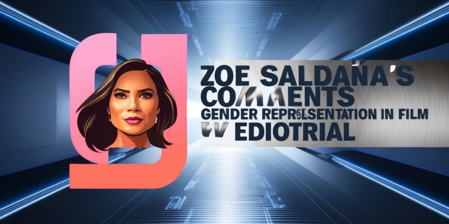 A futuristic, high-tech background with a subtle gradient of blues and purples, symbolizing innovation and progress, sets the tone for an editorial article on Zoe Saldaña's comments and gender representation in film. In the foreground, a large, bold, modern sans-serif font displays the title of the article in a metallic silver color, with the words Zoe Saldaña's Comments in a slightly curved line above Gender Representation in Film written in a straight line. A giant, circular quotation mark in a bright, poppy pink color surrounds the title, adding a touch of femininity and creativity. To the left of the title, a stylized, vector illustration of Zoe Saldaña's face, with subtle, shimmering effects, looks directly at the viewer with a determined expression, her dark hair and skin tone beautifully rendered in shades of brown and golden brown. The overall design is clean, modern, and eye-catching, with ample negative space to create a sense of sophistication and authority.