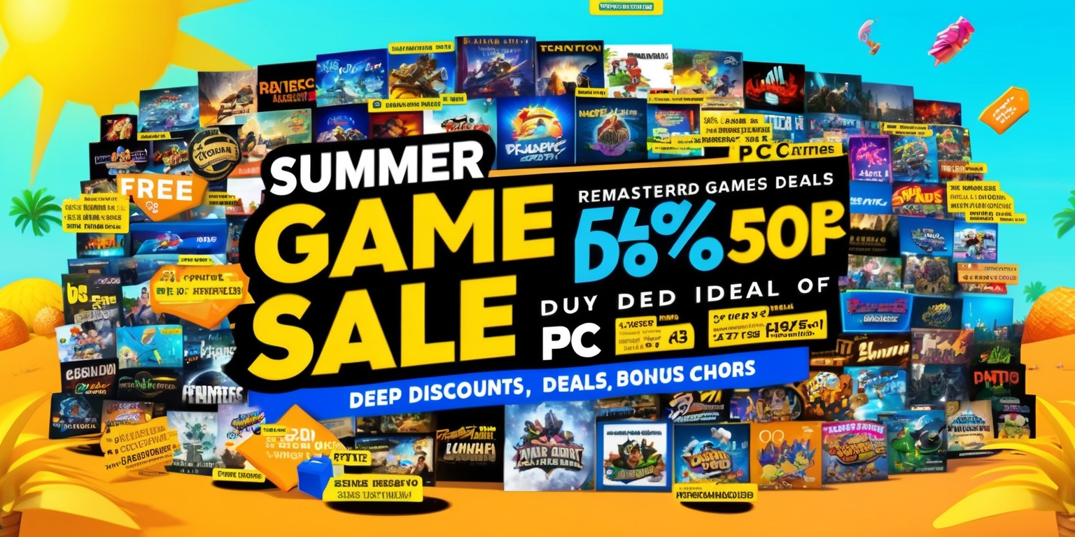 A vibrant digital illustration of a Summer Game Sale event, featuring a vast array of PC games with deep discounts, flash deals, and bonus drops, set against a bright summer backdrop with bold fonts and colorful graphics, including a diverse selection of game titles, from remastered classics to new releases, with discounted price tags and digital bonuses, such as free in-game content and exclusive rewards, all presented in a visually appealing layout with a mix of 2D and 3D elements, incorporating a palette of warm summer colors, including blues, yellows, and oranges, with bold headlines and eye-catching promotional text, highlighting the excitement and thrills of the sale event.