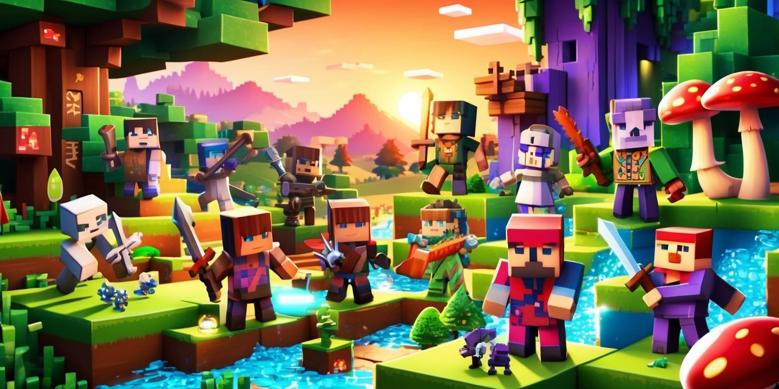 A vibrant digital artwork depicting the fantasy world of Hytale, with a mix of medieval and mystical elements, set against a warm sunset backdrop with rolling hills and towering trees, featuring a variety of blocky, low-poly characters and creatures, including humanoid figures with distinct facial features and skin tones, engaged in activities such as exploration, combat, and crafting, with intricate textures and patterns on their clothing and equipment, surrounded by lush greenery, glowing mushrooms, and shimmering water effects, with a bold, colorful palette and a dynamic composition that showcases the game's unique art style and sense of adventure.