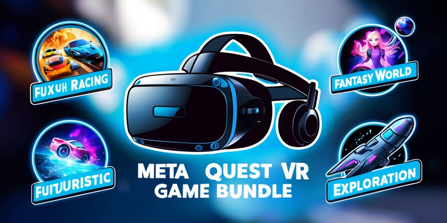 A colorful digital illustration of a Meta Quest VR game bundle, featuring a sleek VR headset as the centerpiece, surrounded by vibrant game icons and logos, with a subtle metallic sheen on the headset and a soft focus blur effect on the background, the game icons include a futuristic racing game, a magical fantasy world, and a futuristic space exploration game, with bold sans-serif font text labels and tags highlighting the game names and genres, set against a clean and modern layout with ample negative space, and a bright, electric blue and white color scheme dominating the visual palette.