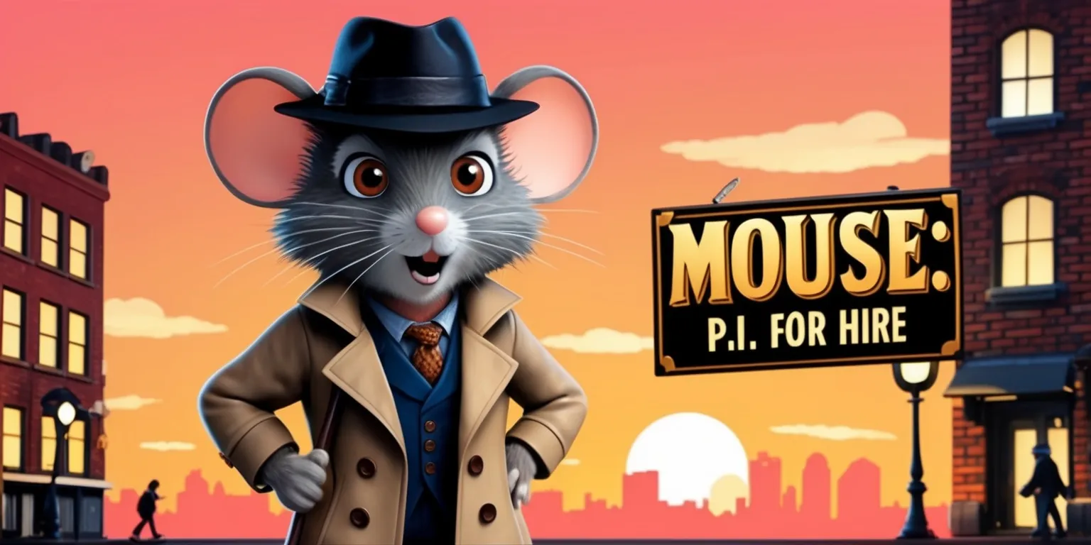 A retro-style video game advertisement featuring a detective mouse character, wearing a fedora hat and holding a magnifying glass, standing in front of a cityscape at sunset with warm orange and pink hues, the mouse has bright brown eyes, grey fur, and a determined expression, wearing a miniature trench coat and holding a sign that reads Mouse: P.I. for Hire in bold, golden font with a classic serif style, the background includes old brick buildings, streetlights, and a few passing pedestrians, the overall aesthetic is nostalgic and playful, with a focus on the mouse's curious and adventurous personality.