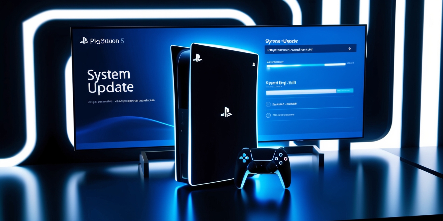 A high-contrast, digitally rendered image of a PlayStation 5 console on a sleek, dark background, with a large screen display behind it showing the system update progress, the console's LED lights illuminated in a bright blue hue, the update screen displaying a modern, sans-serif font with a progress bar and various system update details, the overall aesthetic is futuristic and minimalist, with a focus on the console's futuristic design and the system update screen's sleek interface, the color palette is predominantly dark blues and whites, with accents of bright blue from the console's LED lights.