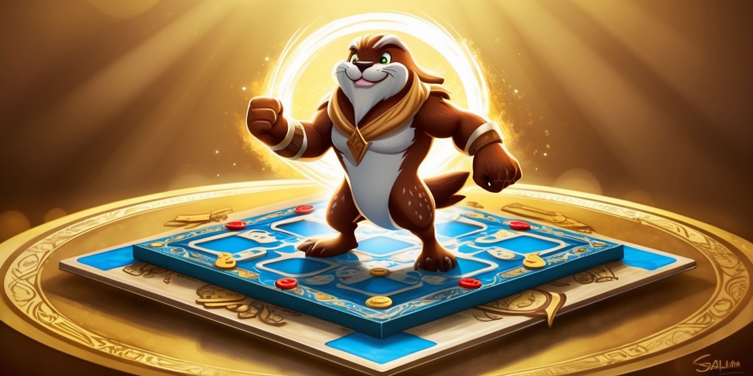 A dramatic illustration of SealM standing triumphantly on the Cross game board, with a detailed SealM character design, vibrant colors, and dynamic lighting, the Cross game board is rendered in a stylized, fantasy art style, with intricate patterns and textures, SealM has a confident expression, with bright, shining eyes and a bold, adventurous stance, the background is a warm, golden color with subtle, glowing effects, the overall mood is one of excitement and celebration, with SealM basking in the glory of their victory, the Cross game board is central to the composition, with SealM proudly standing on top of it, surrounded by a halo of light and energy.