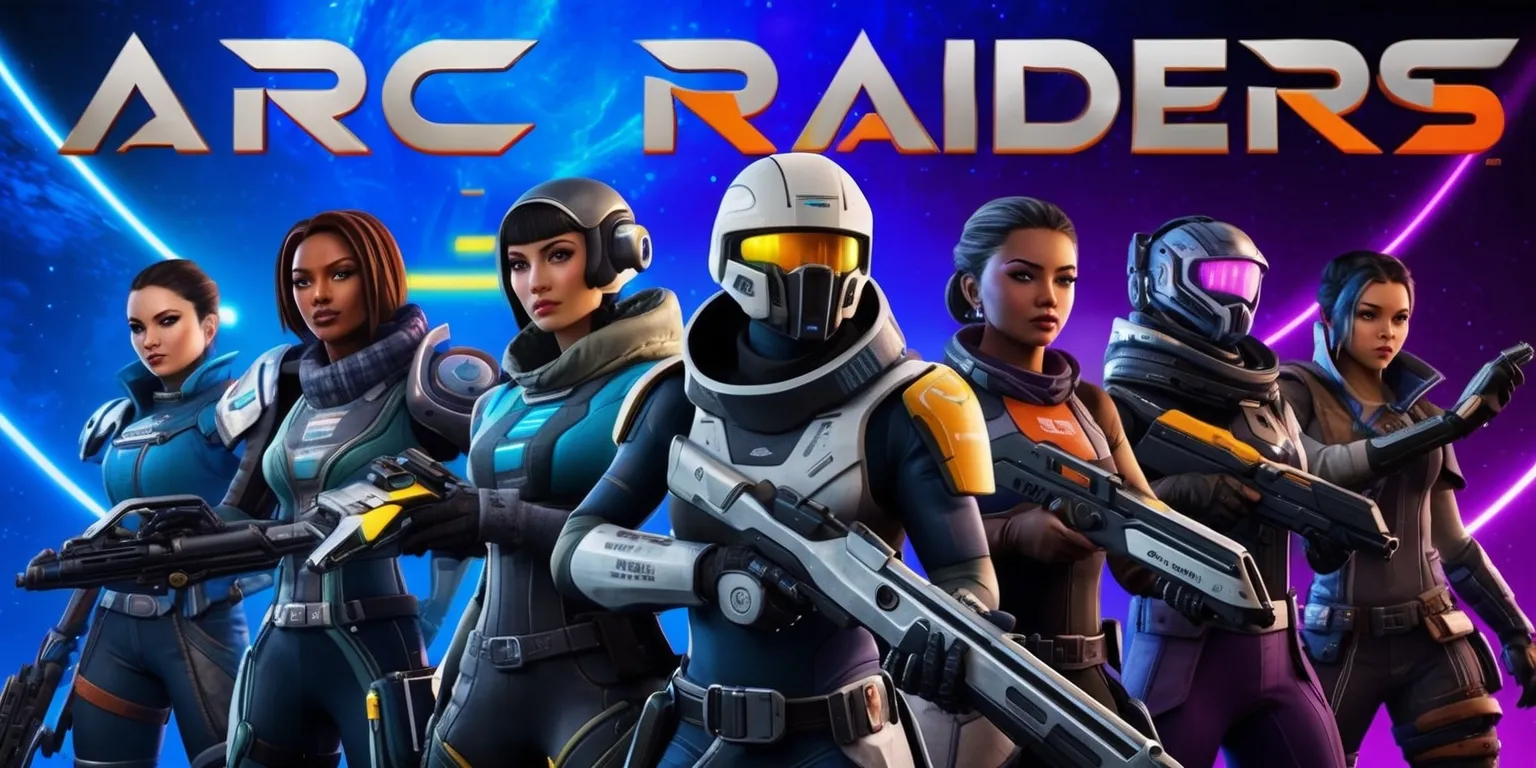 A futuristic sci-fi scene depicting a group of Arc Raiders from the game, set against a vibrant blue and purple cosmic background with neon accents, featuring a diverse team of characters with unique facial features, varying skin colors, and distinctive attire, including sleek armor, helmets, and weapons, with a mix of digital and industrial textures, and a bold, stylized font displaying the game's logo in silver and orange, positioned at the top of the composition, while the raiders are shown in dynamic poses, ready for action, with a sense of movement and energy emanating from the scene, and a subtle glow effect highlighting the characters' high-tech equipment.