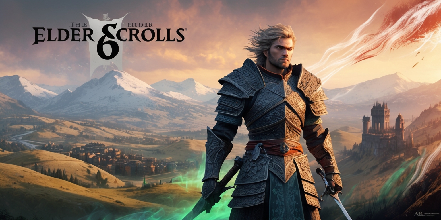 A majestic, sprawling landscape of the Elder Scrolls 6 game, set in a mystical, medieval-inspired world, with rolling hills, snow-capped mountains, and ancient, crumbling architecture in the background, as a heroic figure, adorned in ornate, intricately detailed armor, stands proudly in the foreground, gazing out at the vast expanse, with a sword at their side and a determined look on their face, featuring a strong jawline, piercing blue eyes, and windswept, dirty-blonde hair, against a warm, golden sunset with hints of crimson and emerald green, illuminated by the faint, mystical glow of magical aura surrounding the hero, with subtle, eerie mist swirling around their feet, conveyed in a highly detailed, realistic style with bold, expressive brushstrokes and textures, evoking a sense of wonder, adventure, and epic fantasy.