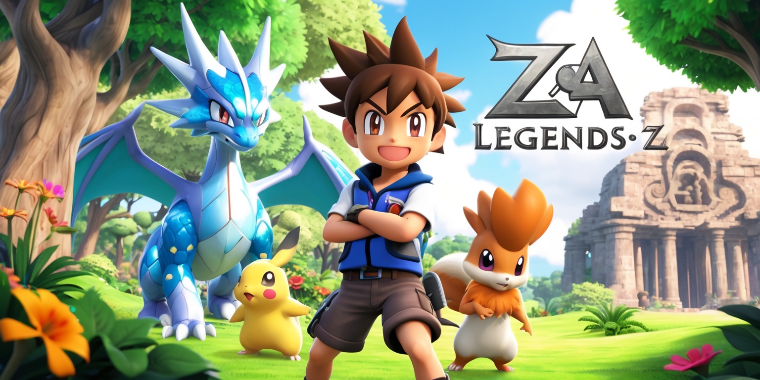 A vibrant, action-packed scene from Pokémon Legends: Z-A game, featuring a young, determined trainer with short, spiky brown hair and bright, adventurous brown eyes, standing confidently in a lush, green forest surrounded by tall trees and exotic flowers, with a few Pokémon, including a majestic, dragon-like Pokémon with scales shimmering in shades of blue and silver, and a small, rodent-like Pokémon with a fluffy, orange-brown fur, by their side, set against a warm, sunny background with a few puffy, white clouds, and in the distance, a glimpse of a ancient, ruined temple with intricate, mysterious carvings, with the game's logo, a stylized, silver letter Z and A, embossed in a bold, modern font, at the top of the image.