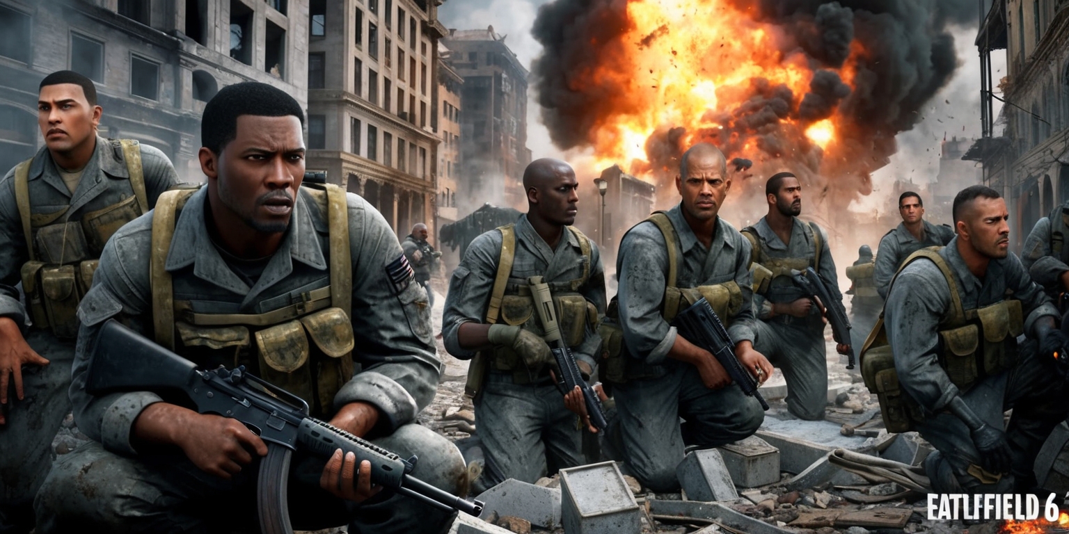 A dramatic scene from Battlefield 6, set in a war-torn city with destroyed buildings and debris-filled streets, featuring a group of soldiers with diverse facial features and skin colors, wearing worn and tattered military uniforms, with a mix of intense and determined expressions, in the foreground a soldier with a strong jawline and dark skin is kneeling behind a barricade, holding a rifle, while in the background a massive explosion is erupting with flames and smoke billowing into the air, the atmosphere is dark and gritty with a focus on the chaos and intensity of the battlefield, the color palette is muted with shades of gray, brown, and green, with a hint of orange from the explosions, the style is realistic with detailed textures and environments, the layout is dynamic with a sense of movement and energy.