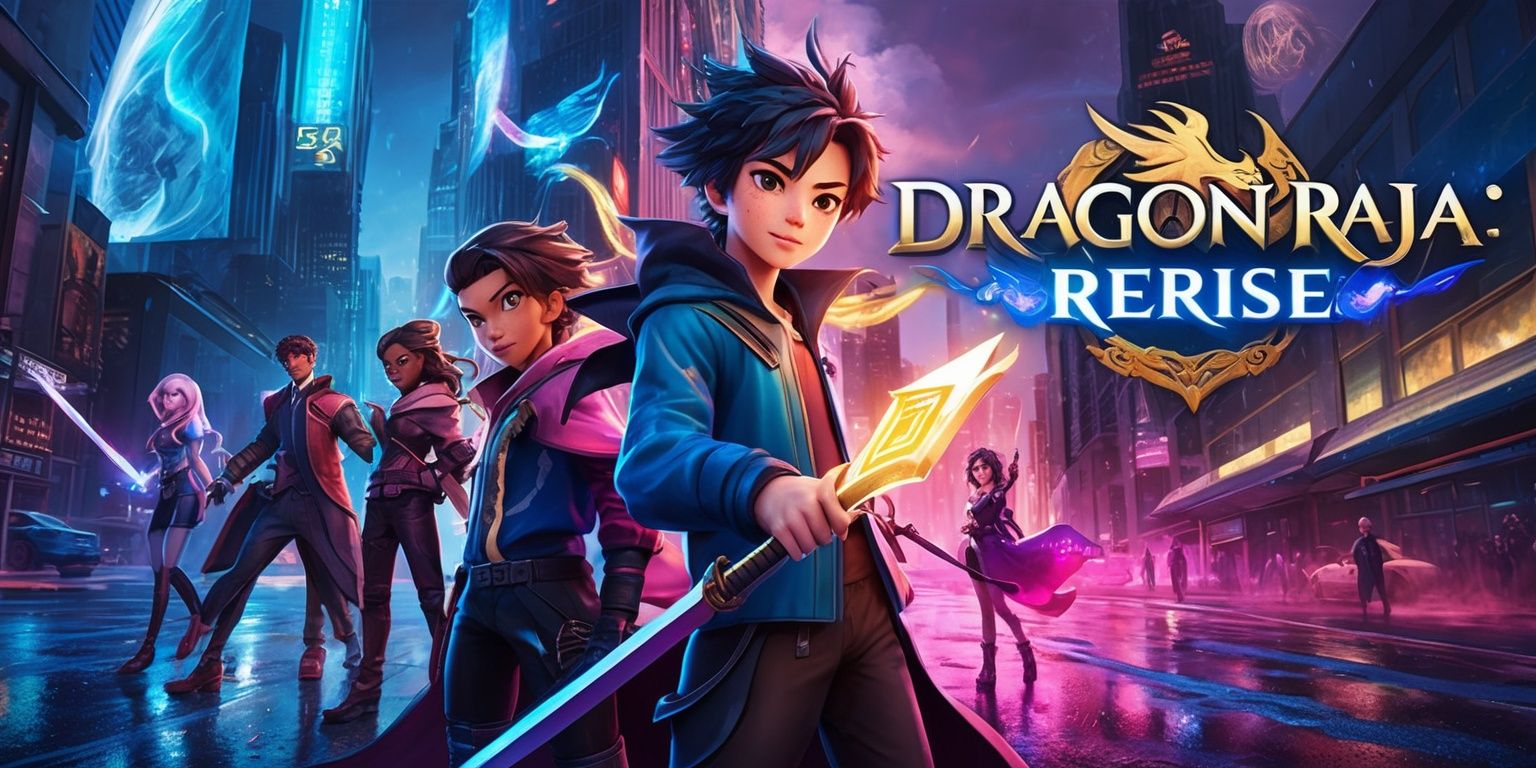 Dynamic promotional key art for Dragon Raja: ReRise, a high-fantasy urban anime role-playing game world blending futuristic city streets with magical adventure. Feature stylish young heroes with expressive faces, varied hairstyles, modern fantasy outfits, glowing weapons, and subtle supernatural details, posed against a dramatic neon-lit metropolis with towering skyscrapers, holographic signs, rain-slick streets, and distant mythical energy. Use vivid cyan, electric blue, magenta, violet, and warm gold lighting, crisp character rendering, cinematic perspective, energetic motion, atmospheric depth, and polished game concept art aesthetics. Place the title Dragon Raja: ReRise prominently near the top in bold metallic lettering with luminous blue and gold accents, sharp elegant typography, and a subtle magical glow. High detail, vibrant colors, dramatic composition, widescreen framing, premium video game key visual.
