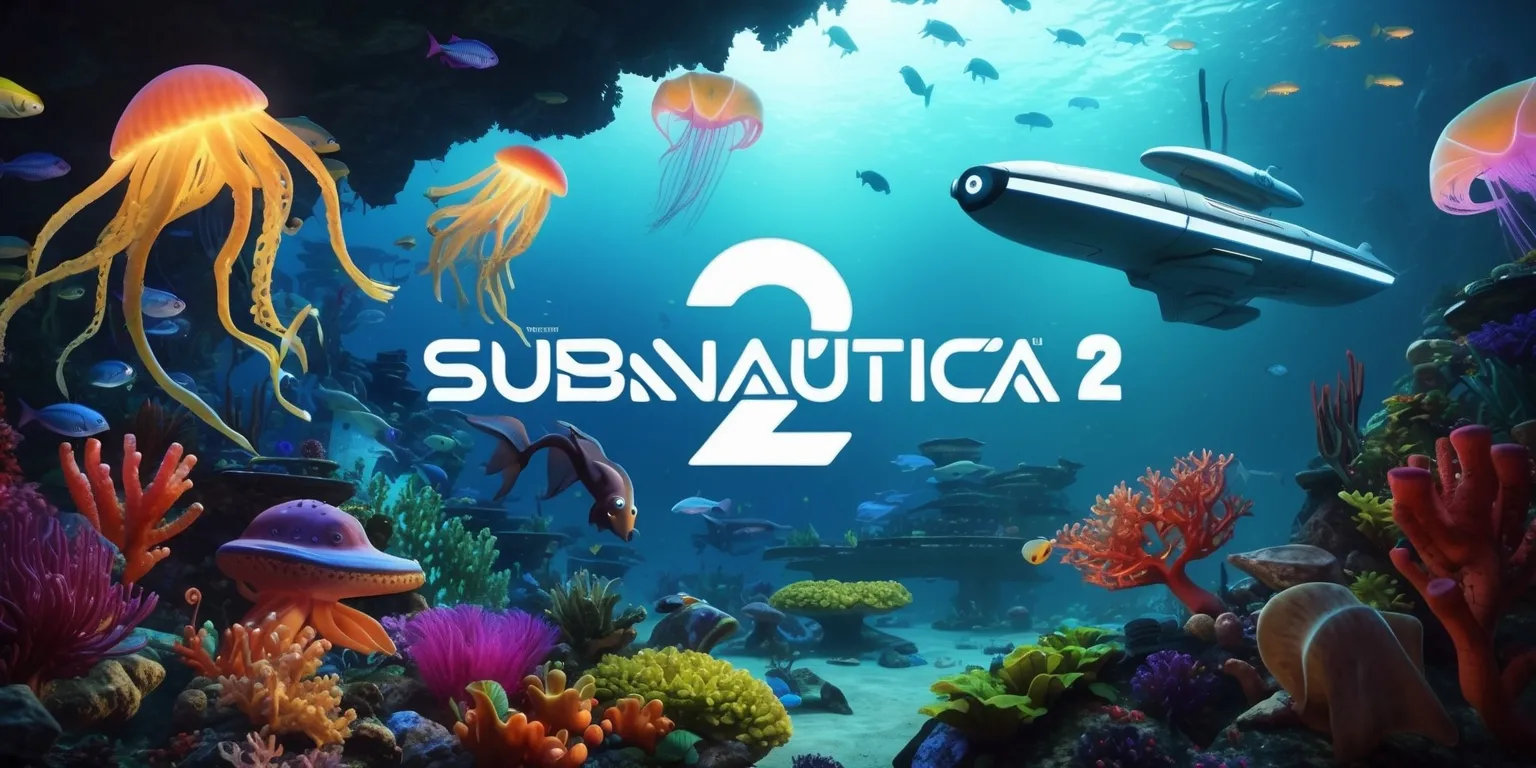 A vibrant, futuristic underwater scene from the Subnautica 2 game, featuring a diverse array of alien sea creatures and lush oceanic vegetation, with a sleek, high-tech submarine or underwater habitat in the distance, set against a stunning backdrop of coral reefs, glowing jellyfish, and shimmering schools of exotic fish, with a mix of warm and cool colors, and a sense of adventure and discovery, including subtle lighting effects and detailed textures, with the game's distinctive logo or title prominently displayed in a modern, futuristic font, in a wide, cinematic aspect ratio, with plenty of depth and dimensionality.