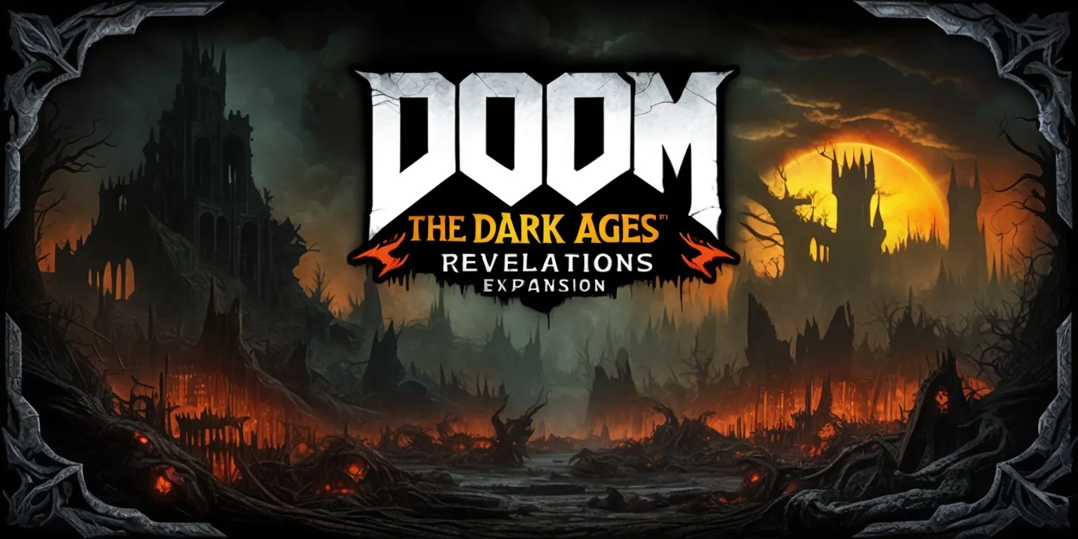 A dark fantasy themed illustration for the Doom: The Dark Ages – Revelations expansion game, featuring a haunting, gothic-inspired landscape with destroyed medieval castles, creepy, abandoned forests, and foreboding, ominous skies, in a predominantly dark color palette with accents of fiery oranges and yellows, set against a gritty, high-contrast backdrop, with eerie, glowing lighting effects, and intricately detailed, ornate textures, depicting a sense of foreboding and despair, with Doom's iconic, hellish creatures lurking in the shadows, amidst the ruins of a once-great civilization, with the game's logo prominently displayed in a bold, metallic font, with sharp, jagged edges, and a sense of intense, apocalyptic energy.