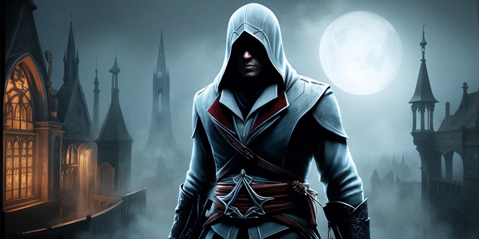 A hauntingly lit, atmospheric illustration of a mysterious assassin, cloaked in shadows, set against a backdrop of a misty, moonlit Renaissance-era cityscape, inspired by the Assassin's Creed franchise, with intricate, ornate architecture, Gothic spires, and subtle, ambient lighting, suggesting a sense of stealth and danger, rendered in a highly detailed, realistic style, with warm, muted colors, and subtle texture, evoking a sense of gritty realism, with the assassin's face obscured, yet radiating an aura of intensity and focus, their eyes gleaming with a fierce determination, amidst the darkness and uncertainty.