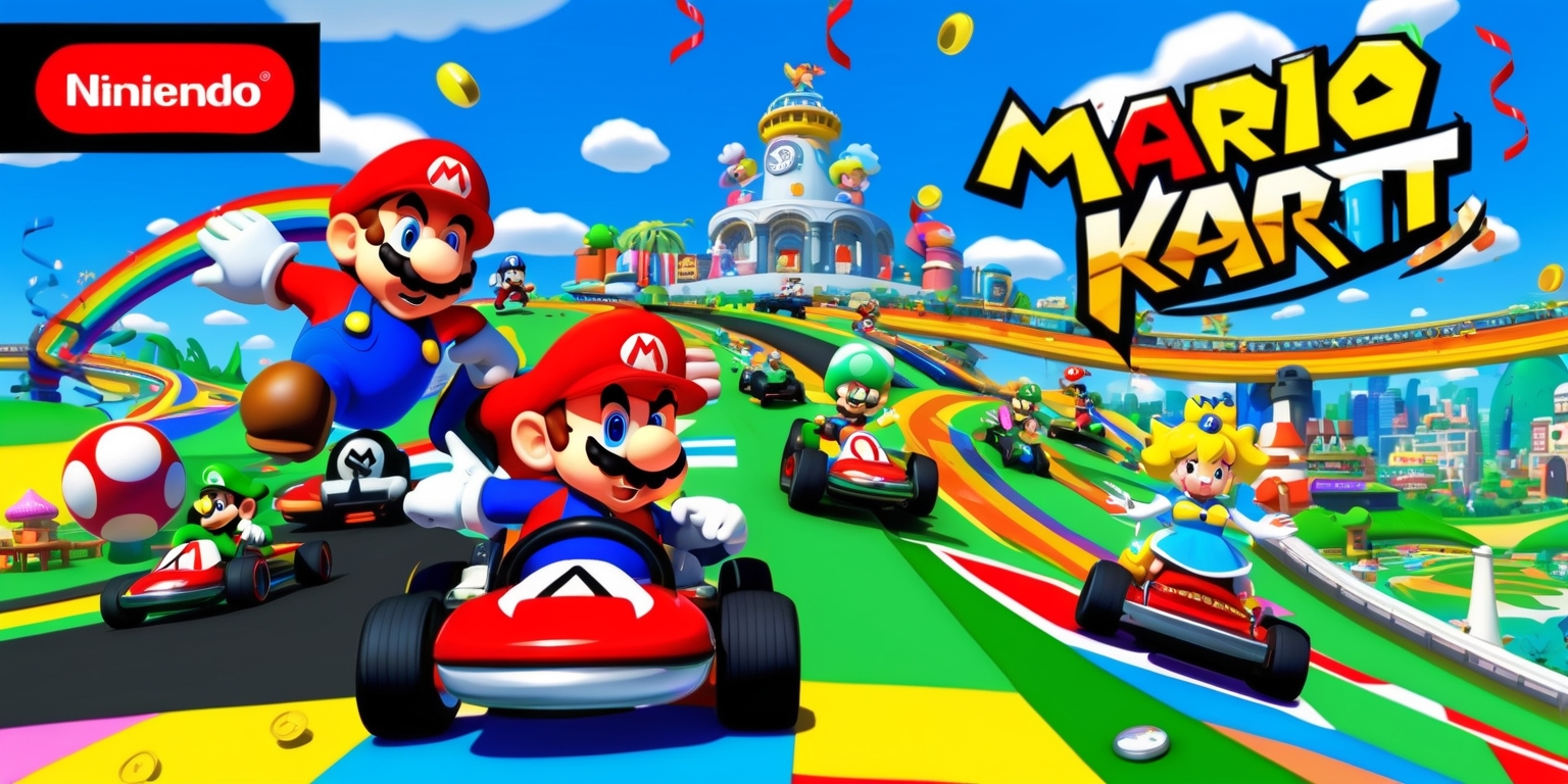 A vibrant, colorful illustration of the Mario Kart World game, set against a bright blue sky with fluffy white clouds, featuring Mario, Luigi, Princess Peach, and other iconic characters racing on various tracks with item boxes, coins, and shells scattered throughout, with a cityscape in the background showcasing iconic landmarks like Toad's Town Hall and the Rainbow Road, with bold lines, dynamic curves, and exaggerated expressions, rendered in a stylized, whimsical art style reminiscent of the game's cartoonish aesthetic, with Nintendo's logo prominently displayed in the top-left corner in a curved, red rectangle with white text, and the game's title Mario Kart World written in bold, yellow font with red and blue accents, surrounded by confetti and balloons, conveying a sense of excitement, energy, and joy.