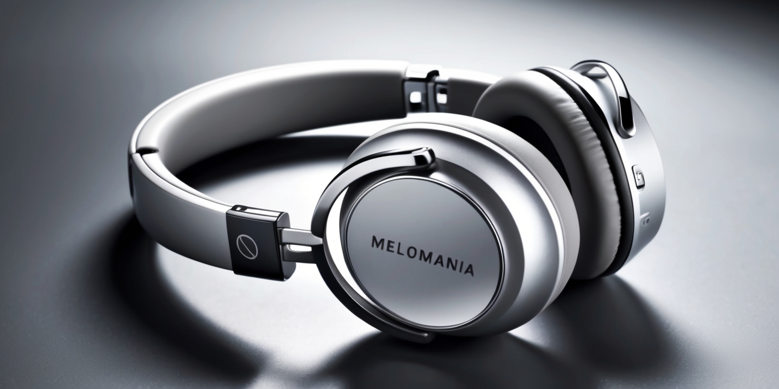 A high-angle shot of a sleek, silver Melomania P100s headphones lying on a smooth, dark grey surface, with a subtle gradient effect in the background to emphasize the headphones' contours, the earcups and headband covered in a premium, soft-touch material with a gentle sheen, the metal hinges and accents polished to a high shine, the overall design exuding a sense of sophistication and cutting-edge technology, the Melomania logo embossed on the earcup in a clean, sans-serif font, in a silver color that matches the headphones' body, the image lit with soft, diffused light that accentuates the product's sleek lines and curves, with a shallow depth of field to draw attention to the headphones' intricate details.