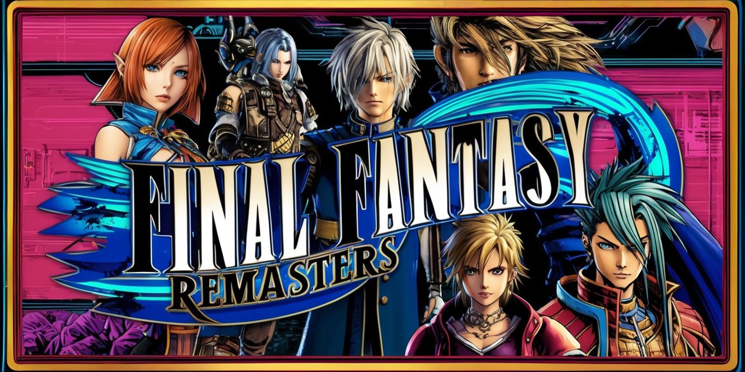 A highly detailed illustration of a Final Fantasy Remasters game, with a vibrant and VHS-like aesthetic, featuring characters from various Final Fantasy games, including Cloud Strife and Tifa Lockhart from Final Fantasy VII, Squall Leonhart from Final Fantasy VIII, and Zidane Tribal from Final Fantasy IX, set against a richly colored background with a mix of fantasy and sci-fi elements, with bold lines, and dynamic textures, and a layout that resembles a nostalgic video game cover, with the game's title in a bold, modern font with a metallic sheen, and the words Remasters written in a curved line above the title, in a bright, electric blue color.