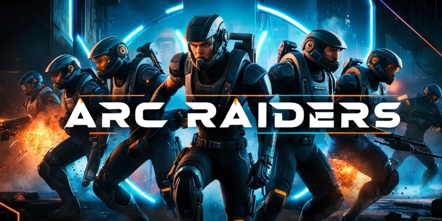 A futuristic sci-fi scene depicting a group of Arc Raiders from the game, set against a dystopian backdrop with a dark and gritty atmosphere, featuring a mix of rugged and high-tech elements, with the raiders wearing sleek black and metallic exosuits, having determined facial expressions, and bold, dynamic poses, surrounded by a haze of neon lights and explosions, with a focus on vibrant colors such as electric blue and orange, and a sense of intense action and energy, with the Arc Raiders logo prominently displayed in a metallic silver font with sharp edges and a futuristic feel.
